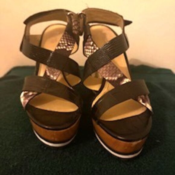 MK Michael Kors Black Snake Strappy Platform Espadrille Sandals Size Sz 7.5 38M - Picture 1 of 3